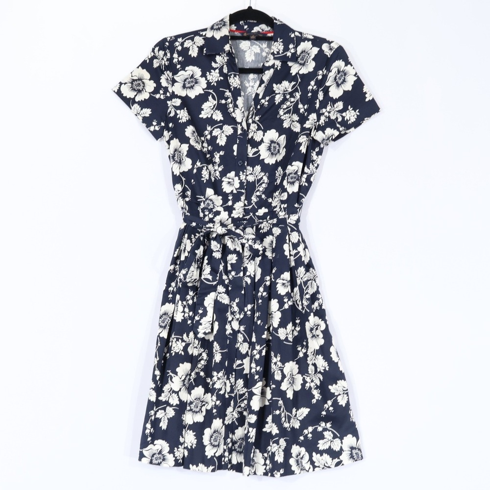 Brooks Brothers Floral Shirt Dress Womens 2 Blue Belted Pleated Feminine Boho